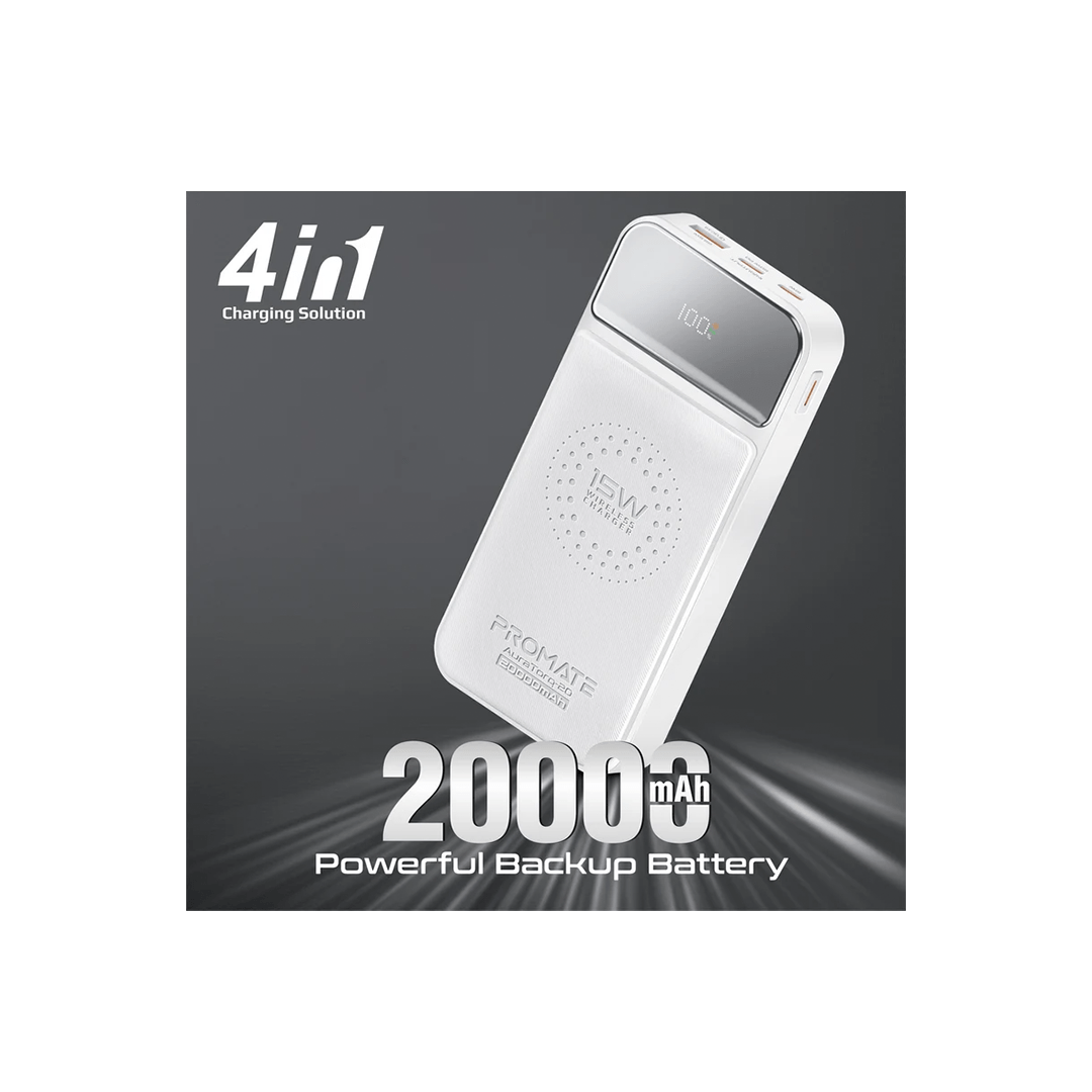 Promate AuraTorq-20 Ultra Slim 15W 20000mAh Wireless Charging Power Bank with 20Watt PD & QC3.0 - White in Qatar Promate AuraTorq-20 Ultra Slim 15W 20000mAh Wireless Charging Power Bank with 20Watt PD & QC3.0 - White in Qatar